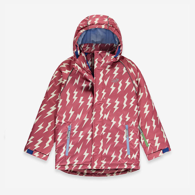 Blizzard Kids Ski Jacket Pink with a lightning bolt pattern. It has a hood and pockets on either side.
